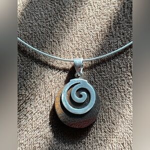 Sterling Silver Spiral wood Pendant on circular 925 Necklace chain